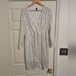 Shein white silver sequin dress Vneck faux wrap style size 0XL